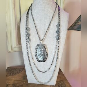 Vintage Triple Strand Necklace Engraved Medallion Antique Silver Tone